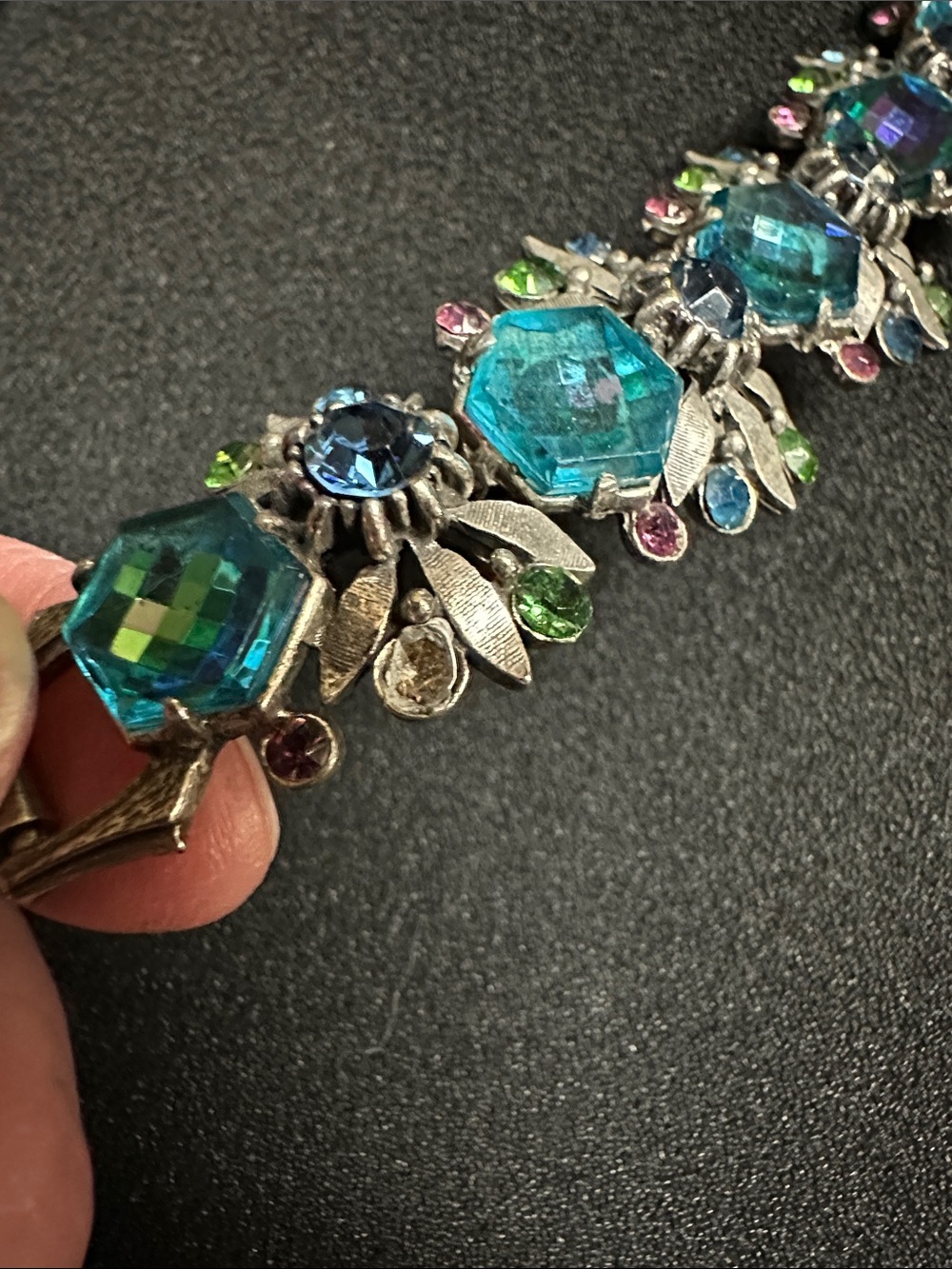 Vintage Signed FLORENZA Blue Aurora Borealis Rhinestone Link Bracelet (As-Is) - Picture 9 of 16